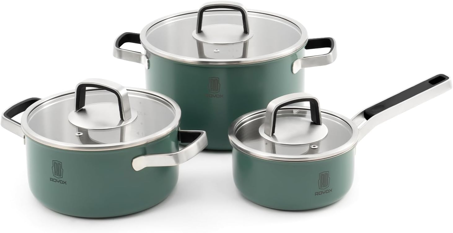 ROYDX Edelstahl Topfset Induktion, 6-teiliges Töpfe Set mit Glasdeckel und Stay Cool Griff topf set für alle Herdarten und Backofen geeignet, Kochtopfset edelstahl unbeschichtet (grün)