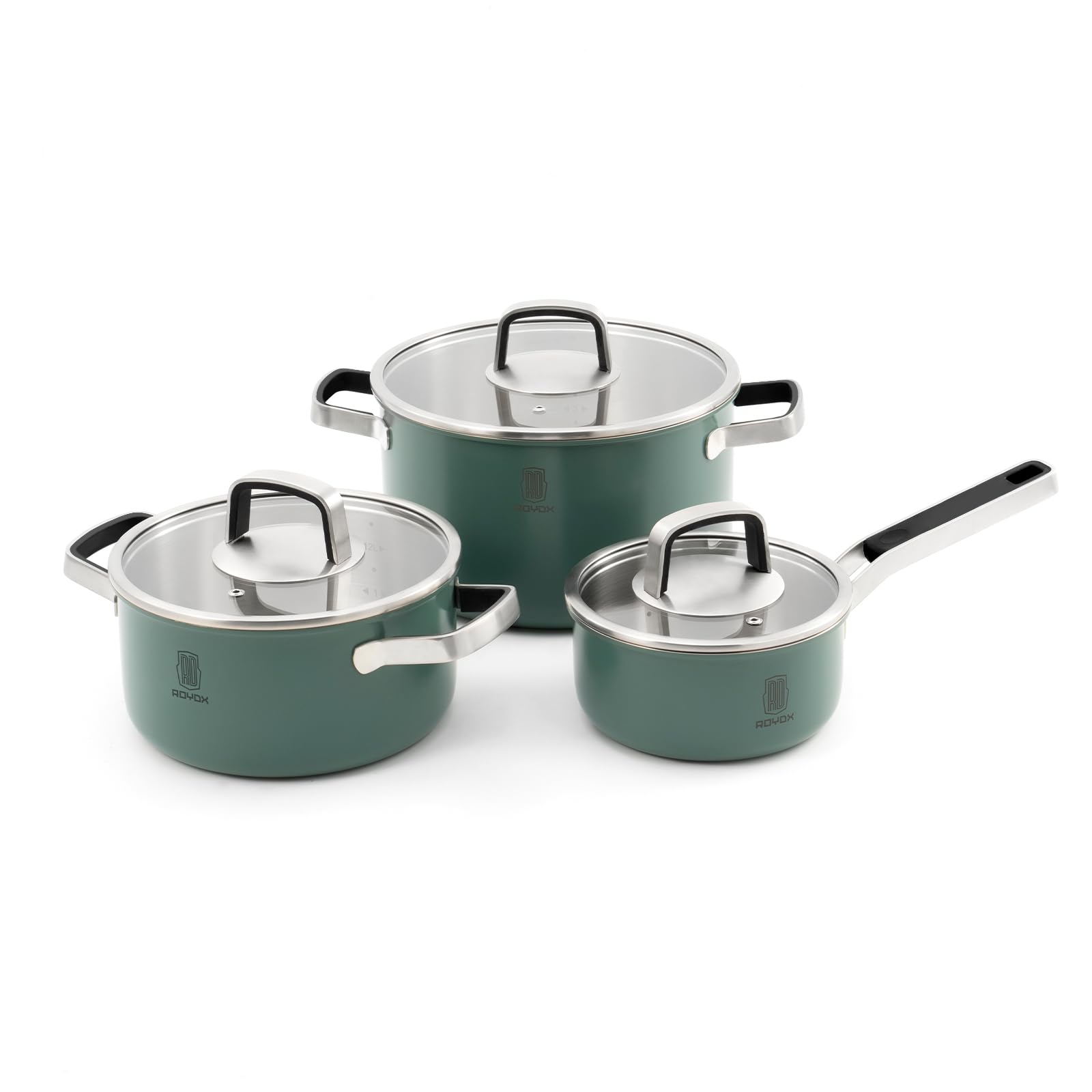 ROYDX Edelstahl Topfset Induktion, 6-teiliges Töpfe Set mit Glasdeckel und Stay Cool Griff topf set für alle Herdarten und Backofen geeignet, Kochtopfset edelstahl unbeschichtet (grün)