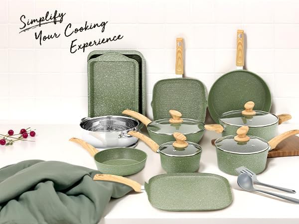 Kitchen Academy Topfset 17-teiliges Induktions-Kochgeschirr-Set mit Glasdeckeln und Granitbeschichtung inkl. Pfannen und Töpfe (grün 17 tlg)