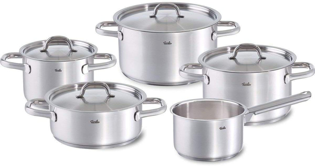 Fissler Family Line/Edelstahl-Topfset, 5-teilig, Kochtopf-Set, Töpfe mit Deckel, spülmaschinen-geeignet, Induktion, alle Herdarten (3 Kochtöpfe, 1 Bratentopf, 1 Stielkasserolle-deckellos)