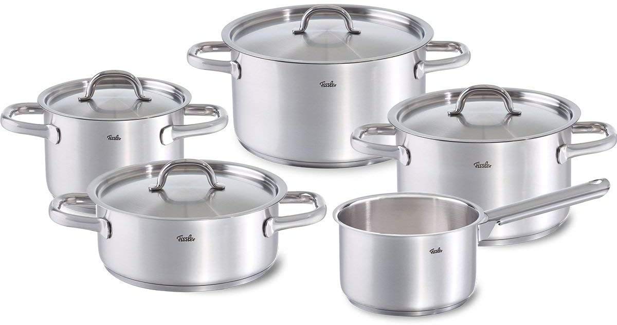 Fissler Family Line/Edelstahl-Topfset, 5-teilig, Kochtopf-Set, Töpfe mit Deckel, spülmaschinen-geeignet, Induktion, alle Herdarten (3 Kochtöpfe, 1 Bratentopf, 1 Stielkasserolle-deckellos)