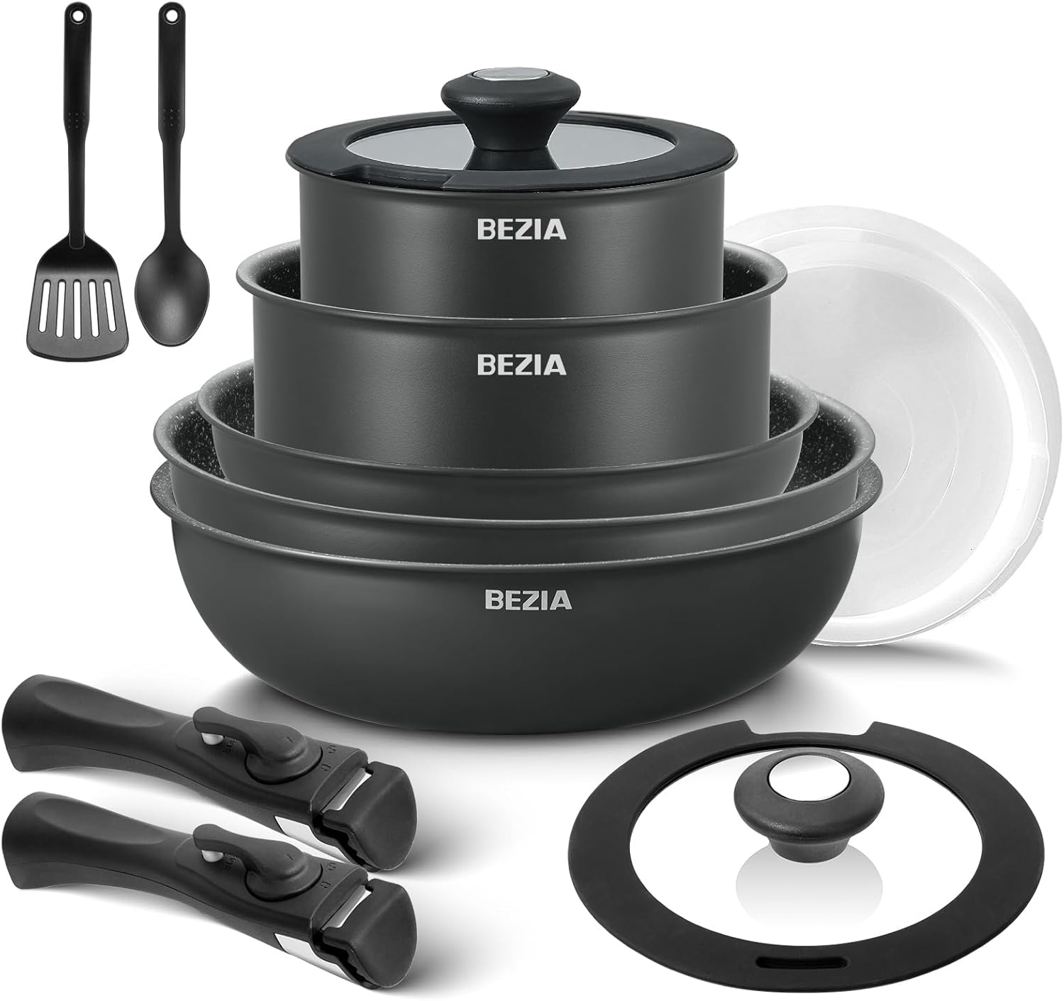 BEZIA Induktions Pfannen Set mit abnehmbaren Griffen, antihaftbeschichtetes Pfannenset, Für alle Herdarten, stapelbares Design, spülmaschinen-/ofenfest, PFAS-frei