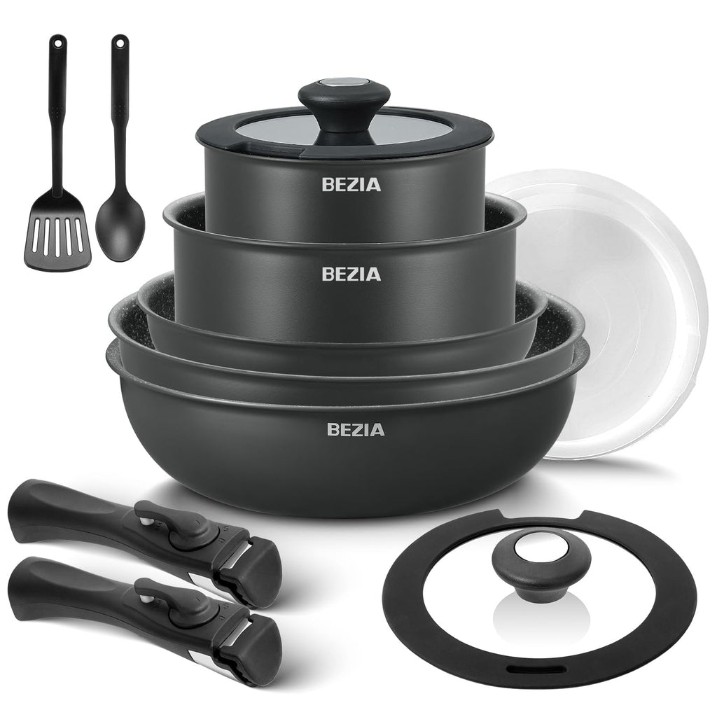 BEZIA Induktions Pfannen Set mit abnehmbaren Griffen, antihaftbeschichtetes Pfannenset, Für alle Herdarten, stapelbares Design, spülmaschinen-/ofenfest, PFAS-frei