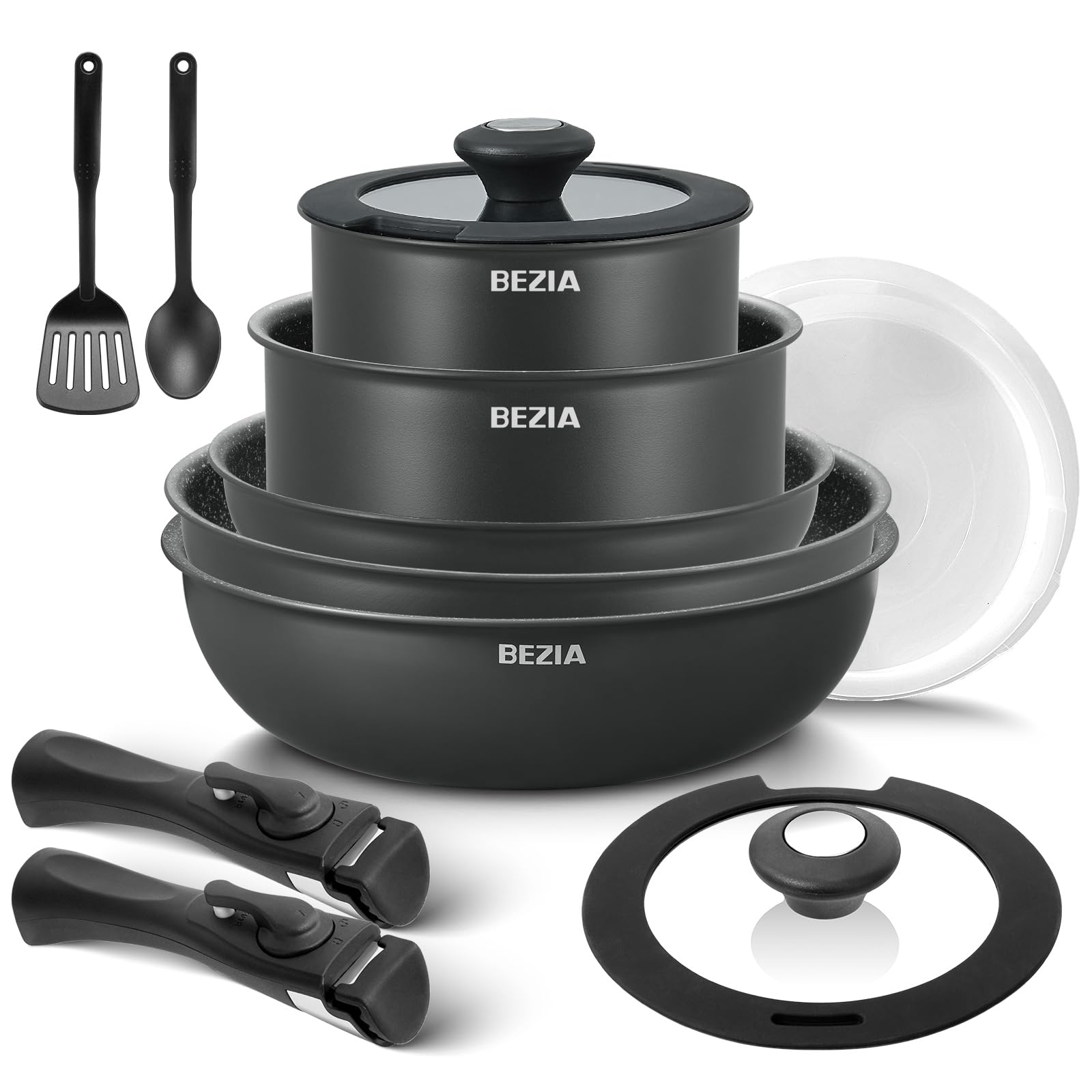 BEZIA Induktions Pfannen Set mit abnehmbaren Griffen, antihaftbeschichtetes Pfannenset, Für alle Herdarten, stapelbares Design, spülmaschinen-/ofenfest, PFAS-frei