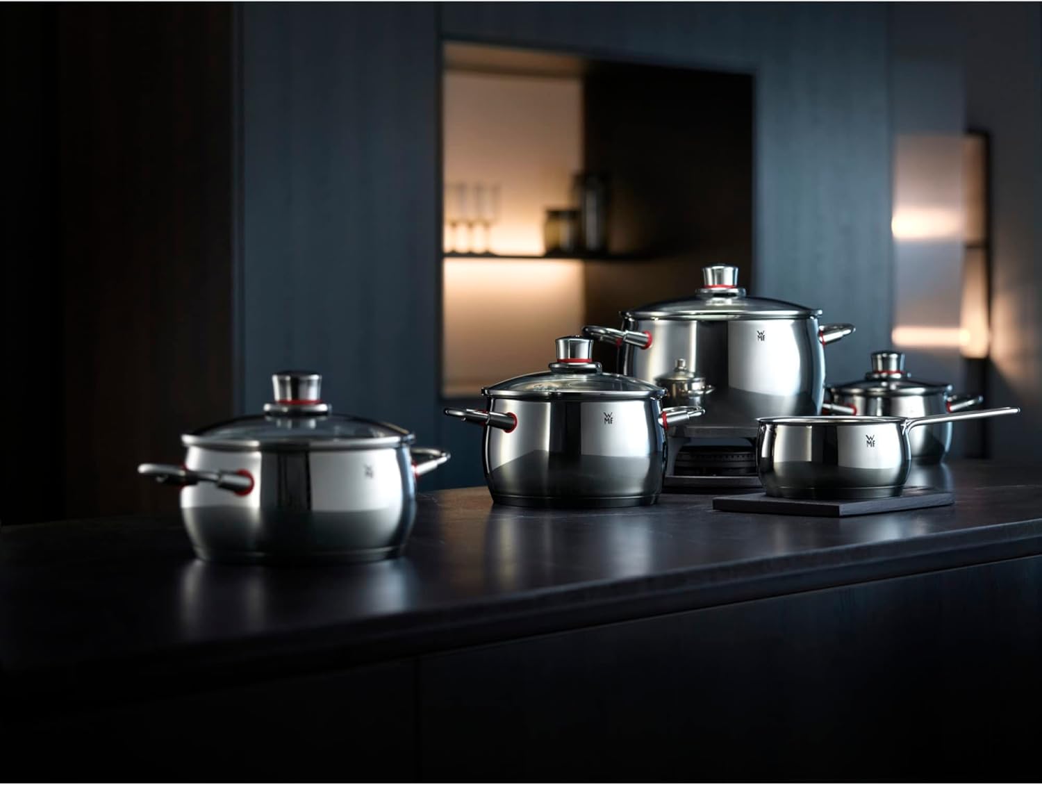 WMF Quality One Topfset Induktion 5-teilig, Kochtopf Set mit Glasdeckel, Cromargan Edelstahl poliert, Induktions Töpfe Set unbeschichtet, Dampföffnung, für alle Herdarten geeignet