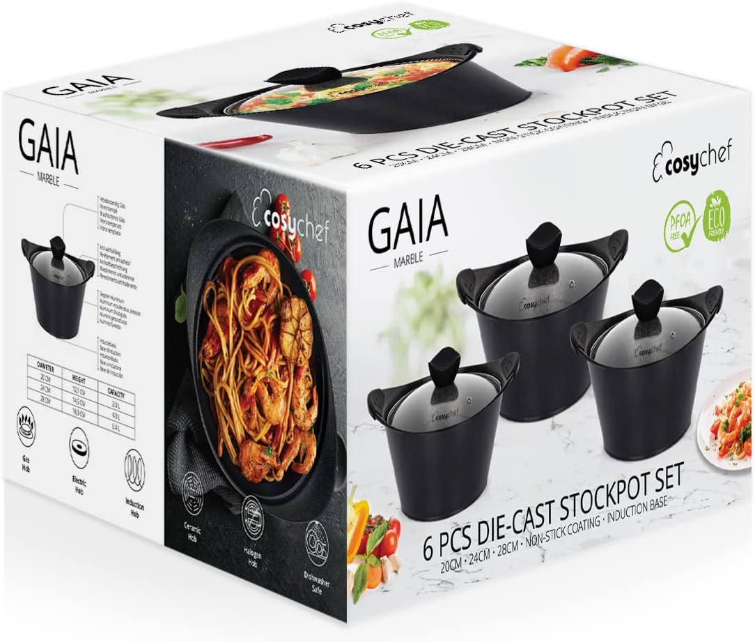 CosyChef Gaia 3er KochTopf Set, 20-24-28 cm, 6-teiliges Kochtopfset mit Glasdeckel und Antihaftbeschichtung - Geeignet für alle Herdarten, auch Induktion - PFOA-frei