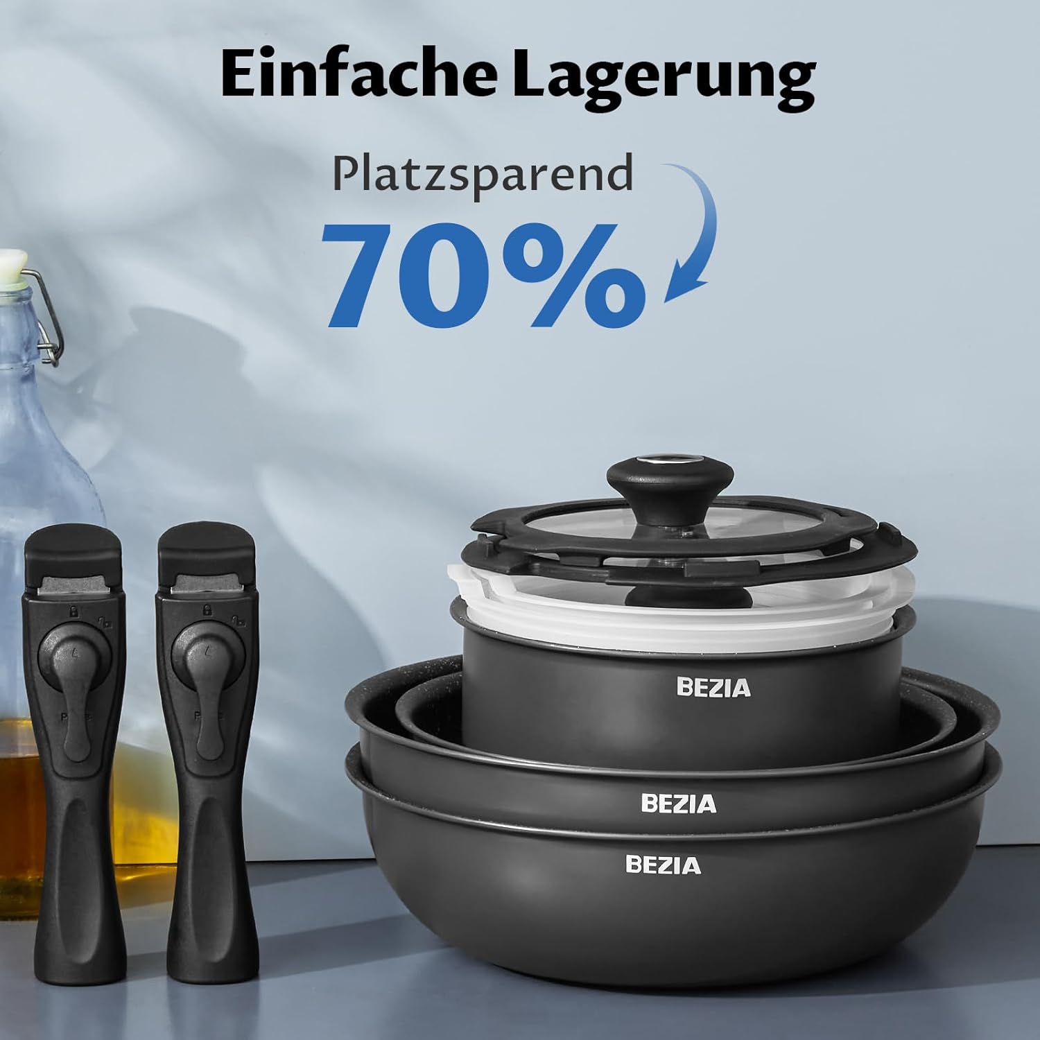 BEZIA Induktions Pfannen Set mit abnehmbaren Griffen, antihaftbeschichtetes Pfannenset, Für alle Herdarten, stapelbares Design, spülmaschinen-/ofenfest, PFAS-frei
