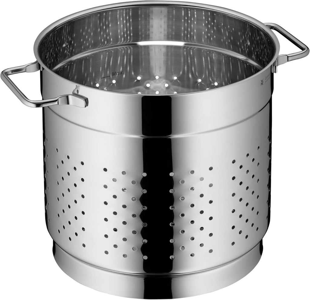 WMF Nudeltopf mit Sieb 24 cm Induktion, Kochtopf groß 7l, Spaghettitopf mit Glasdeckel, Cromargan Edelstahl poliert, Pastatopf