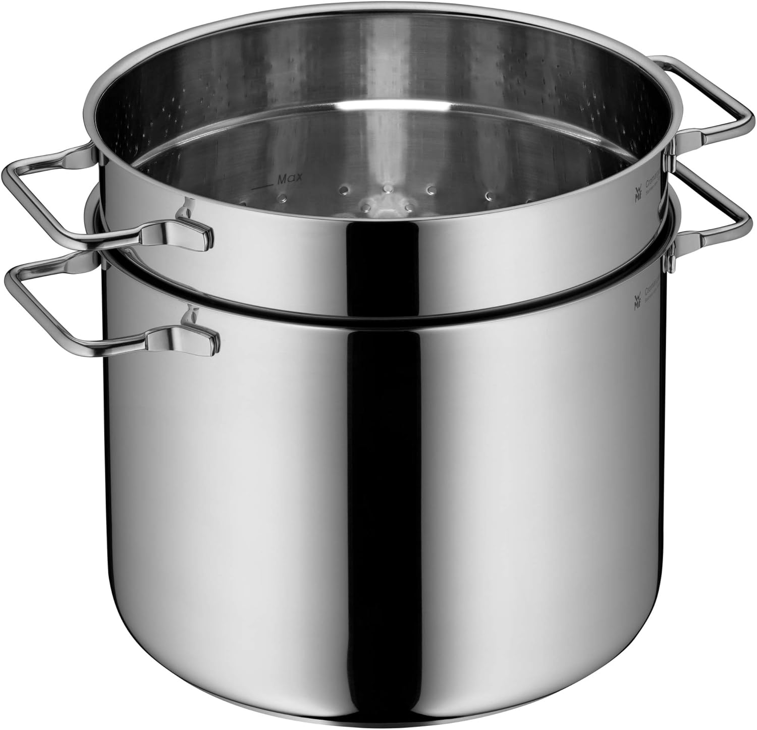 WMF Nudeltopf mit Sieb 24 cm Induktion, Kochtopf groß 7l, Spaghettitopf mit Glasdeckel, Cromargan Edelstahl poliert, Pastatopf