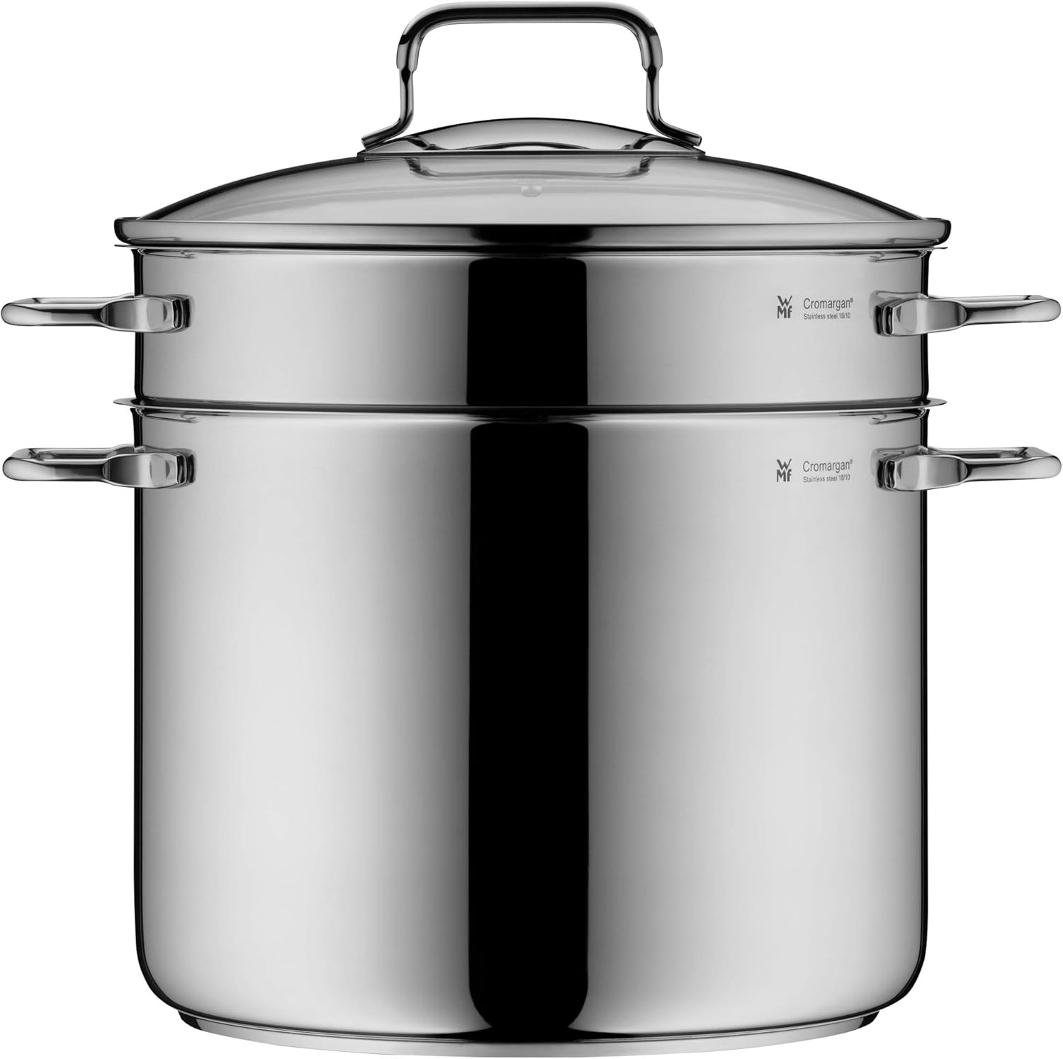 WMF Nudeltopf mit Sieb 24 cm Induktion, Kochtopf groß 7l, Spaghettitopf mit Glasdeckel, Cromargan Edelstahl poliert, Pastatopf