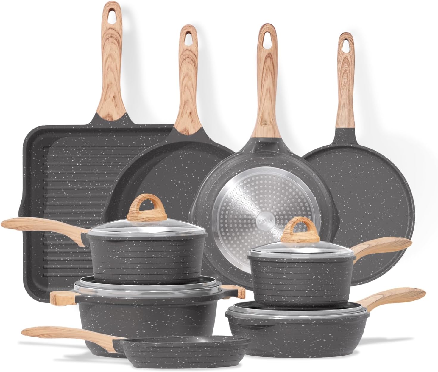 JEETEE Familie Topfsets Pfannenset 23-Teilig, Antihaft-Granit Topf und Pfannenset, Topfset Induktion, Perfekt für ein neues Geschenk zu Hause, Für alle Herdtypen Geeignet, Grau