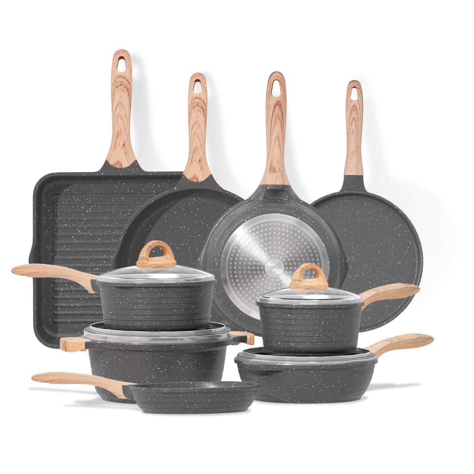JEETEE Familie Topfsets Pfannenset 23-Teilig, Antihaft-Granit Topf und Pfannenset, Topfset Induktion, Perfekt für ein neues Geschenk zu Hause, Für alle Herdtypen Geeignet, Grau