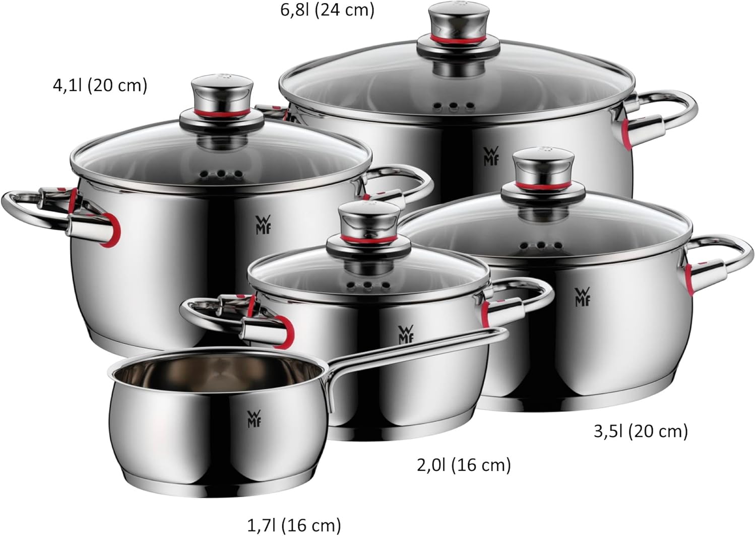 WMF Quality One Topfset Induktion 5-teilig, Kochtopf Set mit Glasdeckel, Cromargan Edelstahl poliert, Induktions Töpfe Set unbeschichtet, Dampföffnung, für alle Herdarten geeignet