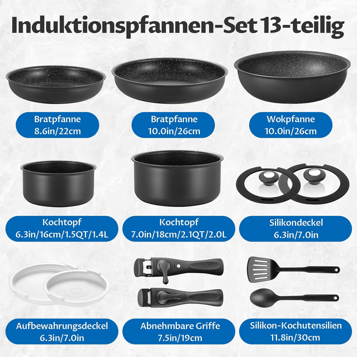 BEZIA Induktions Pfannen Set mit abnehmbaren Griffen, antihaftbeschichtetes Pfannenset, Für alle Herdarten, stapelbares Design, spülmaschinen-/ofenfest, PFAS-frei