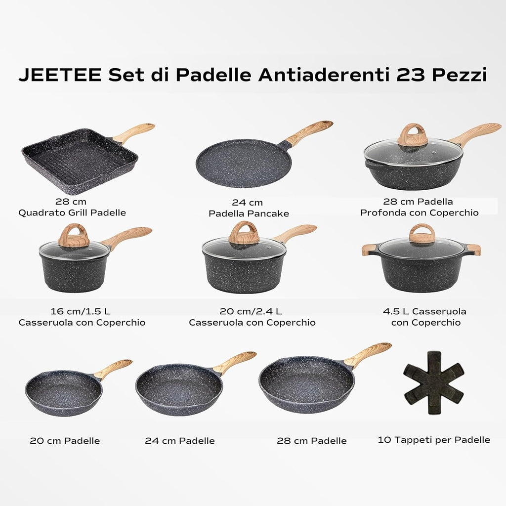 JEETEE Familie Topfsets Pfannenset 23-Teilig, Antihaft-Granit Topf und Pfannenset, Topfset Induktion, Perfekt für ein neues Geschenk zu Hause, Für alle Herdtypen Geeignet, Grau