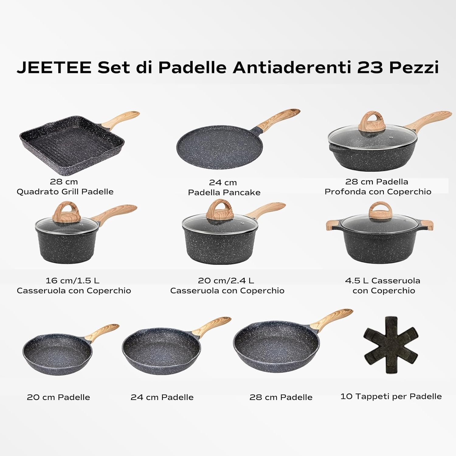JEETEE Familie Topfsets Pfannenset 23-Teilig, Antihaft-Granit Topf und Pfannenset, Topfset Induktion, Perfekt für ein neues Geschenk zu Hause, Für alle Herdtypen Geeignet, Grau