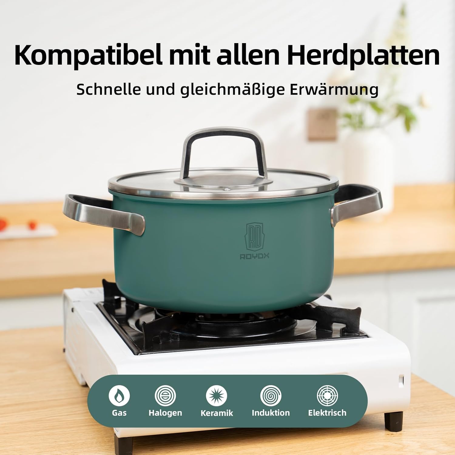 ROYDX Edelstahl Topfset Induktion, 6-teiliges Töpfe Set mit Glasdeckel und Stay Cool Griff topf set für alle Herdarten und Backofen geeignet, Kochtopfset edelstahl unbeschichtet (grün)