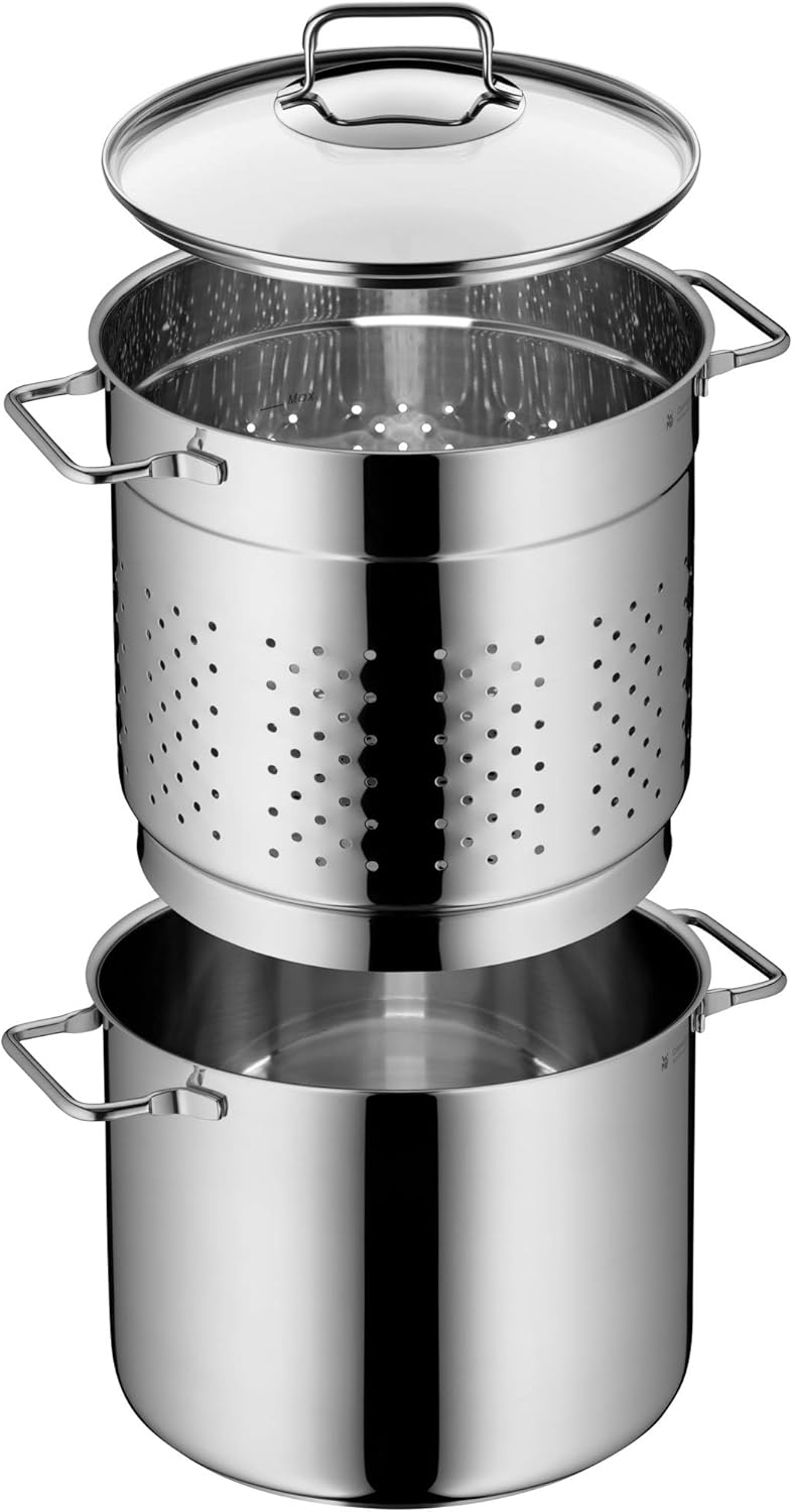WMF Nudeltopf mit Sieb 24 cm Induktion, Kochtopf groß 7l, Spaghettitopf mit Glasdeckel, Cromargan Edelstahl poliert, Pastatopf