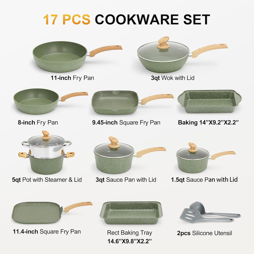 Kitchen Academy Topfset 17-teiliges Induktions-Kochgeschirr-Set mit Glasdeckeln und Granitbeschichtung inkl. Pfannen und Töpfe (grün 17 tlg)