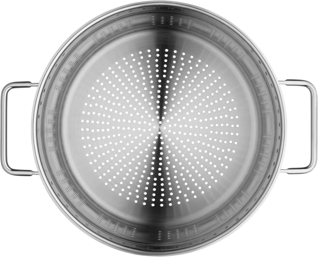 WMF Nudeltopf mit Sieb 24 cm Induktion, Kochtopf groß 7l, Spaghettitopf mit Glasdeckel, Cromargan Edelstahl poliert, Pastatopf