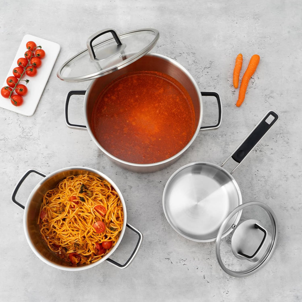 ROYDX Edelstahl Topfset Induktion, 6-teiliges Töpfe Set mit Glasdeckel und Stay Cool Griff topf set für alle Herdarten und Backofen geeignet, Kochtopfset edelstahl unbeschichtet (grün)