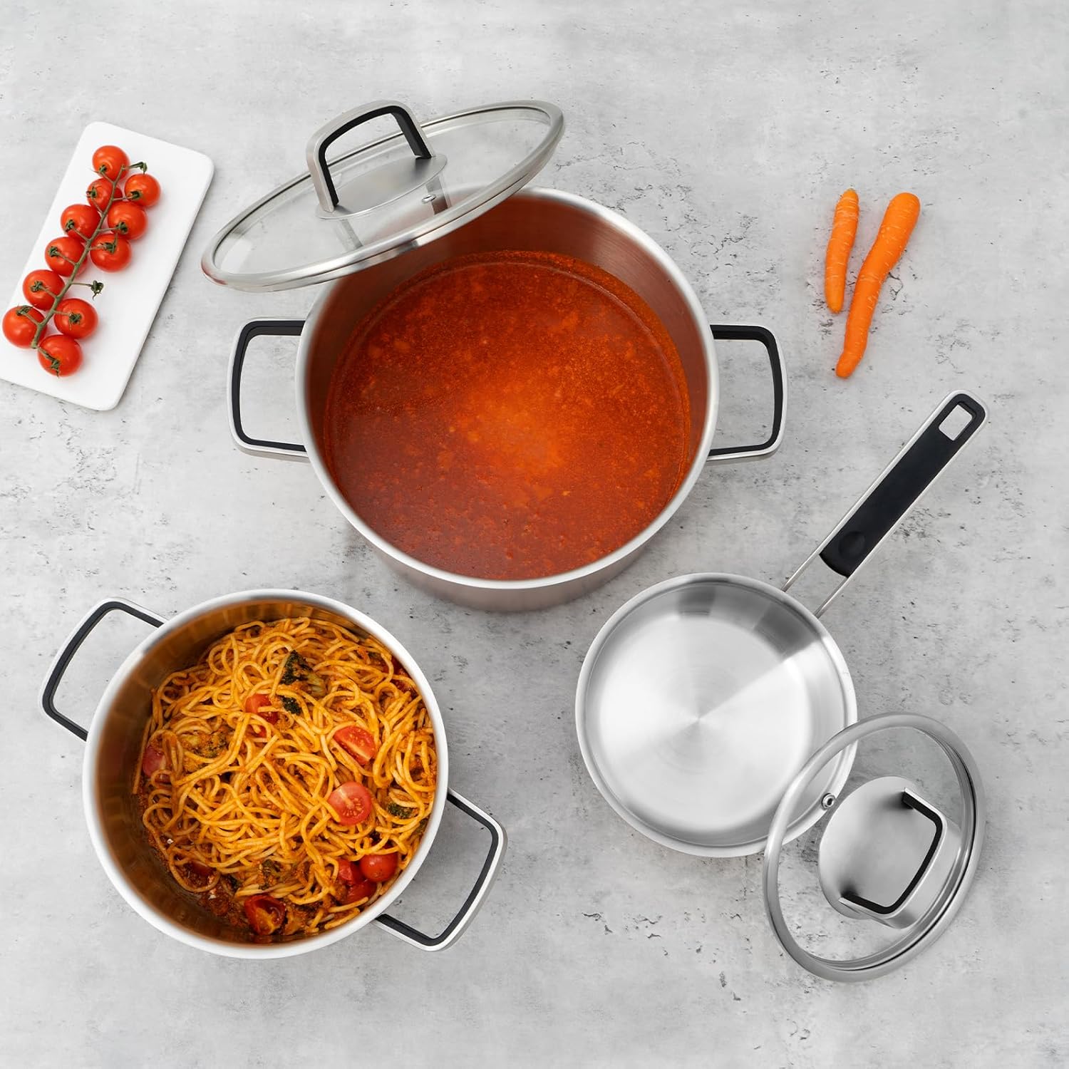 ROYDX Edelstahl Topfset Induktion, 6-teiliges Töpfe Set mit Glasdeckel und Stay Cool Griff topf set für alle Herdarten und Backofen geeignet, Kochtopfset edelstahl unbeschichtet (grün)