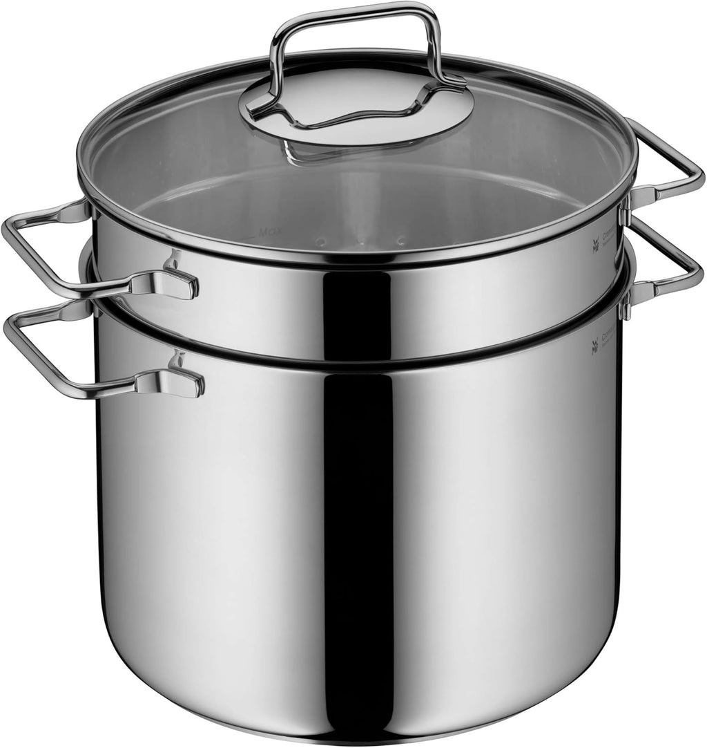 WMF Nudeltopf mit Sieb 24 cm Induktion, Kochtopf groß 7l, Spaghettitopf mit Glasdeckel, Cromargan Edelstahl poliert, Pastatopf