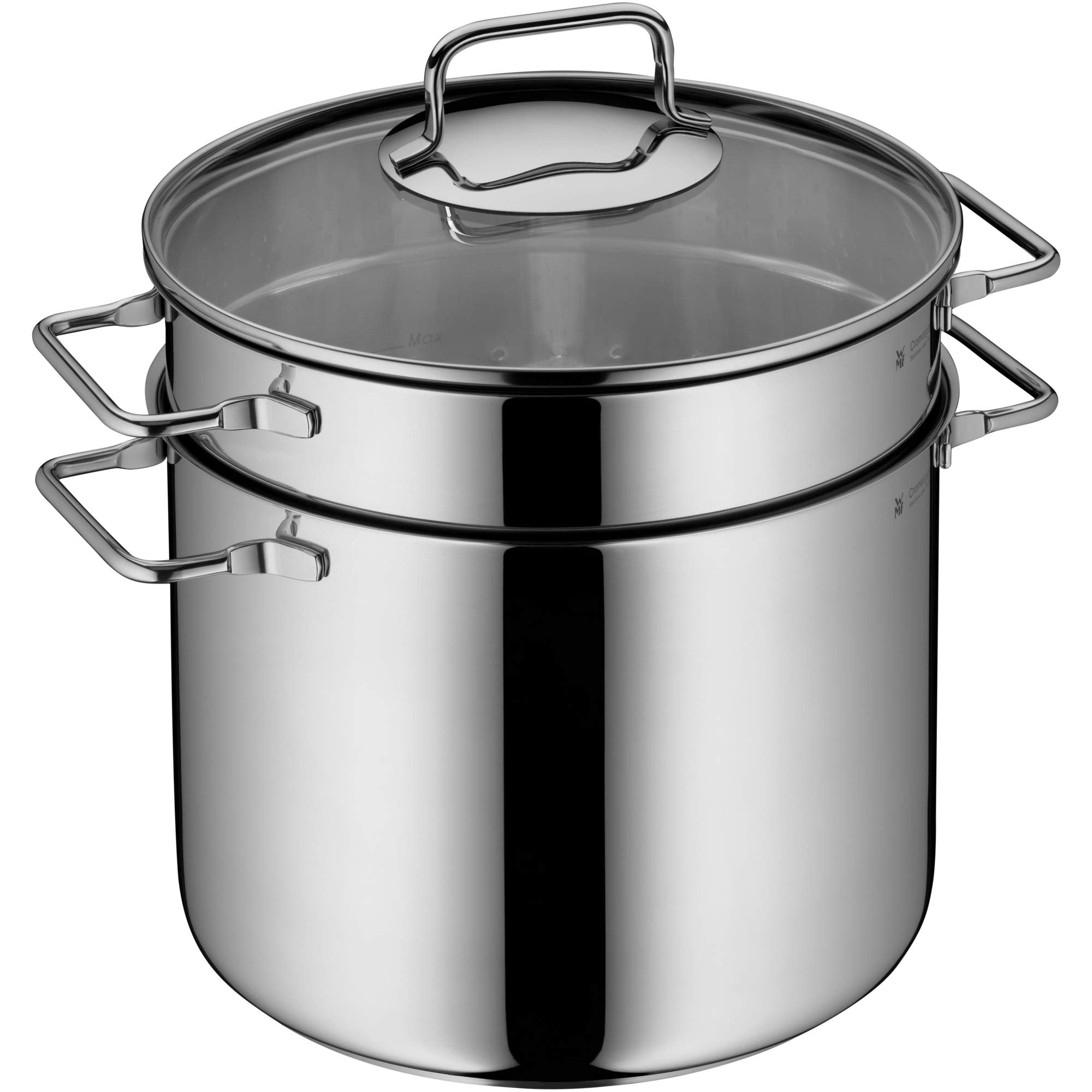WMF Nudeltopf mit Sieb 24 cm Induktion, Kochtopf groß 7l, Spaghettitopf mit Glasdeckel, Cromargan Edelstahl poliert, Pastatopf