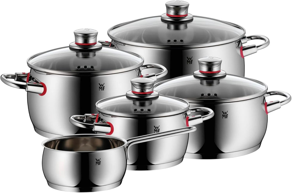 WMF Quality One Topfset Induktion 5-teilig, Kochtopf Set mit Glasdeckel, Cromargan Edelstahl poliert, Induktions Töpfe Set unbeschichtet, Dampföffnung, für alle Herdarten geeignet