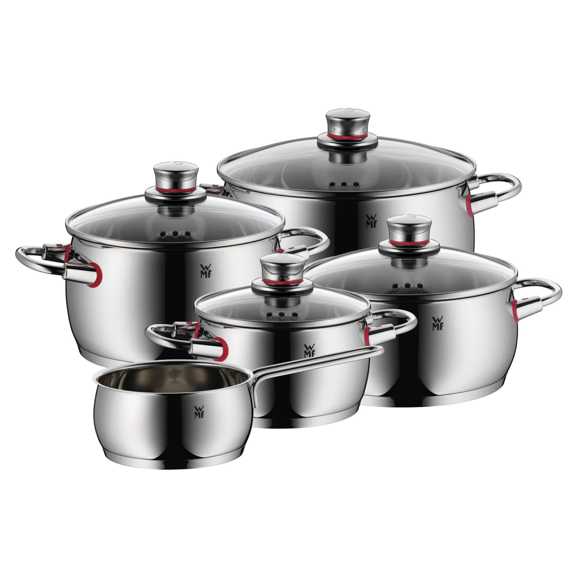 WMF Quality One Topfset Induktion 5-teilig, Kochtopf Set mit Glasdeckel, Cromargan Edelstahl poliert, Induktions Töpfe Set unbeschichtet, Dampföffnung, für alle Herdarten geeignet