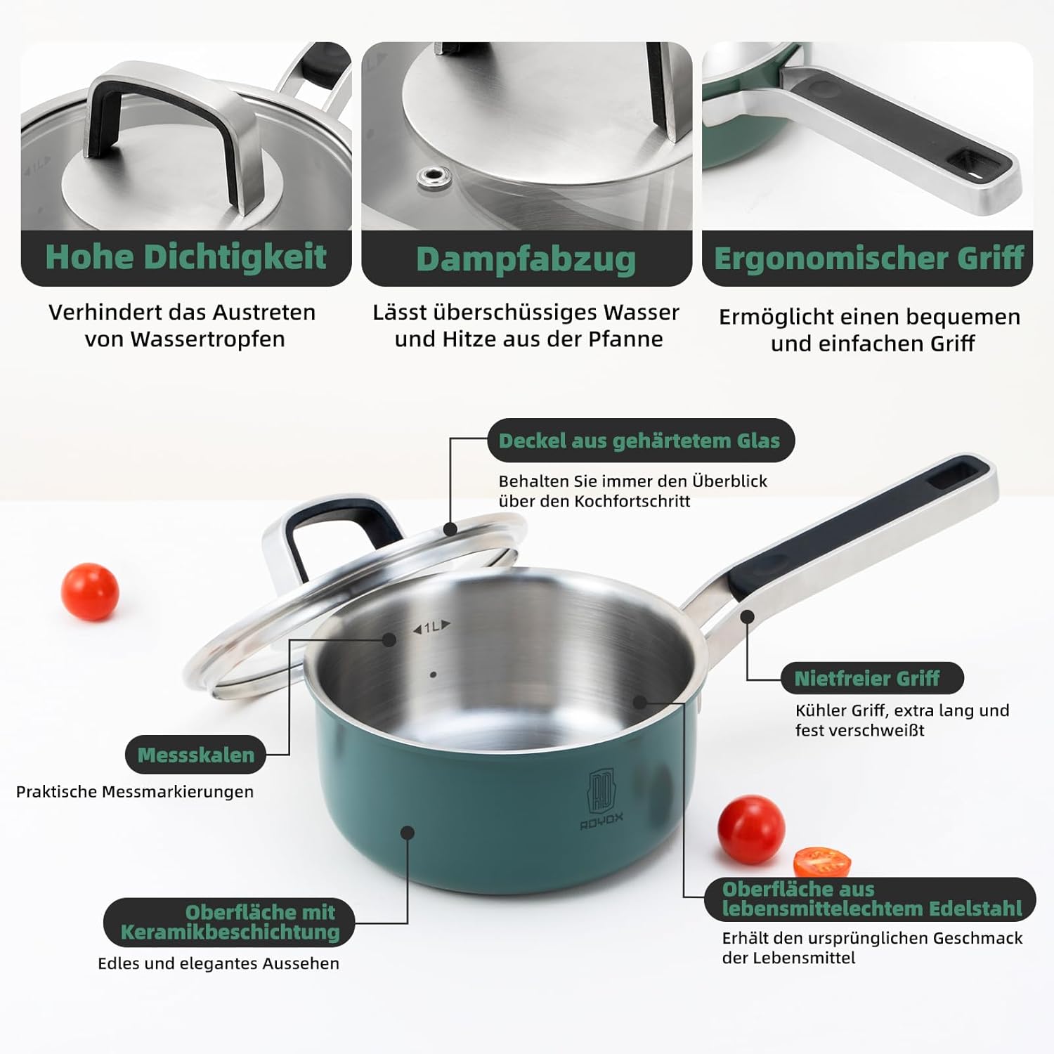 ROYDX Edelstahl Topfset Induktion, 6-teiliges Töpfe Set mit Glasdeckel und Stay Cool Griff topf set für alle Herdarten und Backofen geeignet, Kochtopfset edelstahl unbeschichtet (grün)
