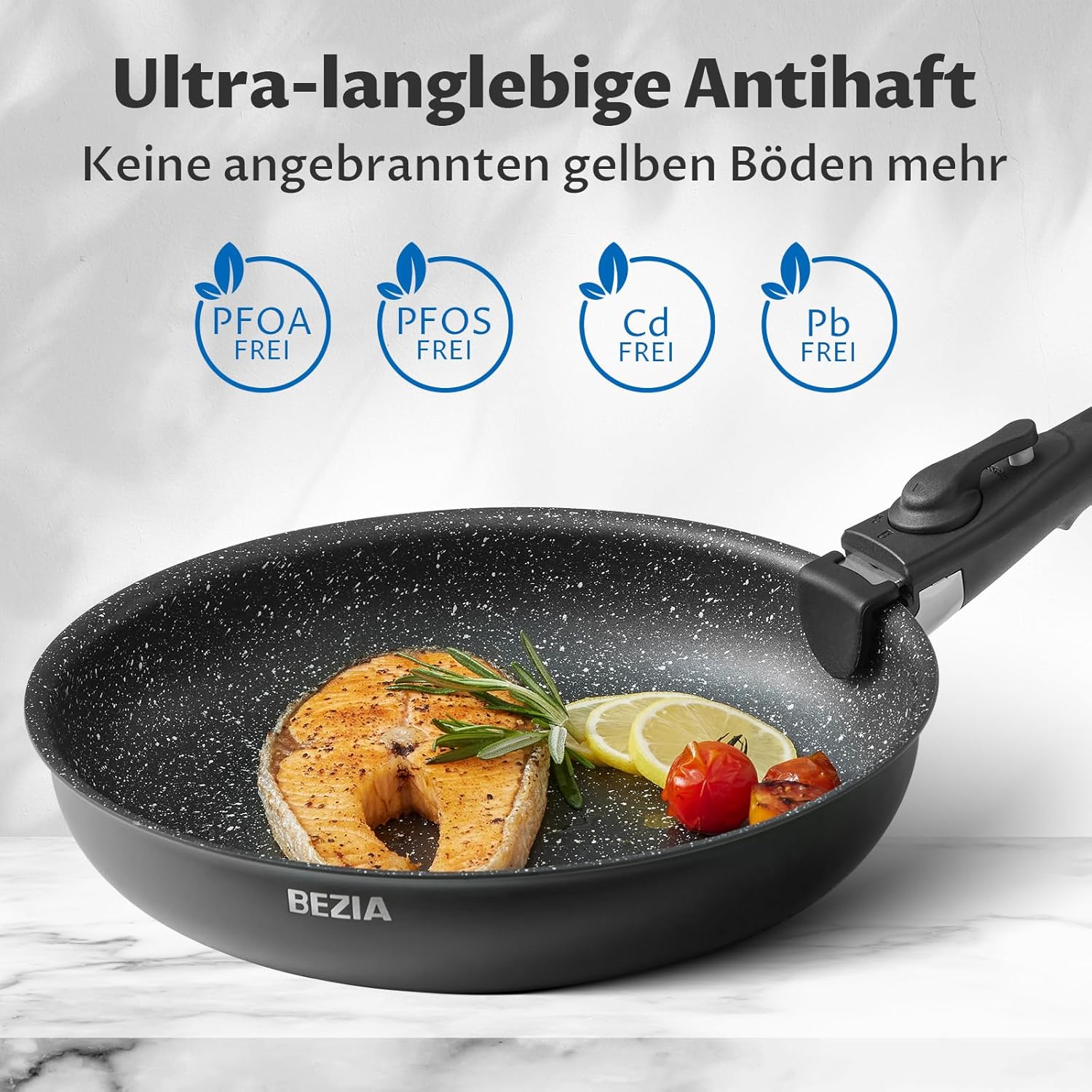 BEZIA Induktions Pfannen Set mit abnehmbaren Griffen, antihaftbeschichtetes Pfannenset, Für alle Herdarten, stapelbares Design, spülmaschinen-/ofenfest, PFAS-frei