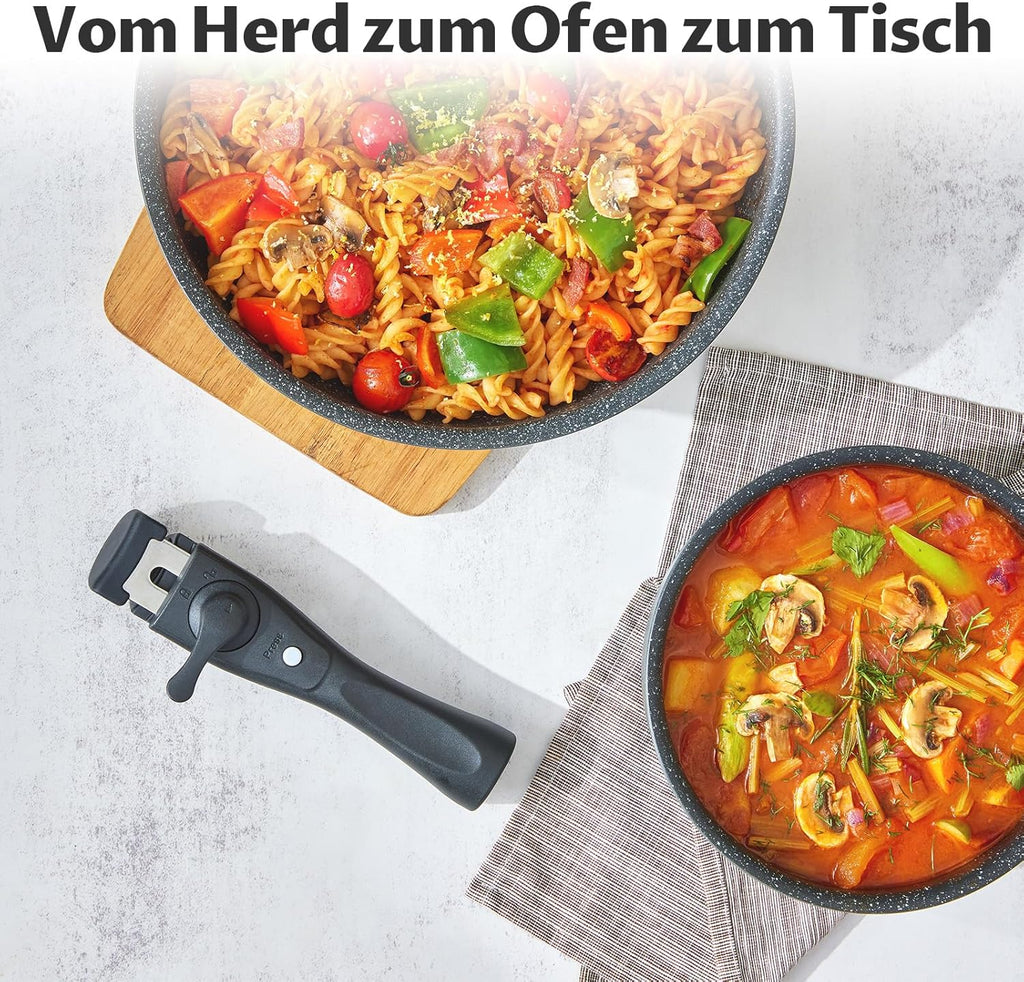BEZIA Induktions Pfannen Set mit abnehmbaren Griffen, antihaftbeschichtetes Pfannenset, Für alle Herdarten, stapelbares Design, spülmaschinen-/ofenfest, PFAS-frei