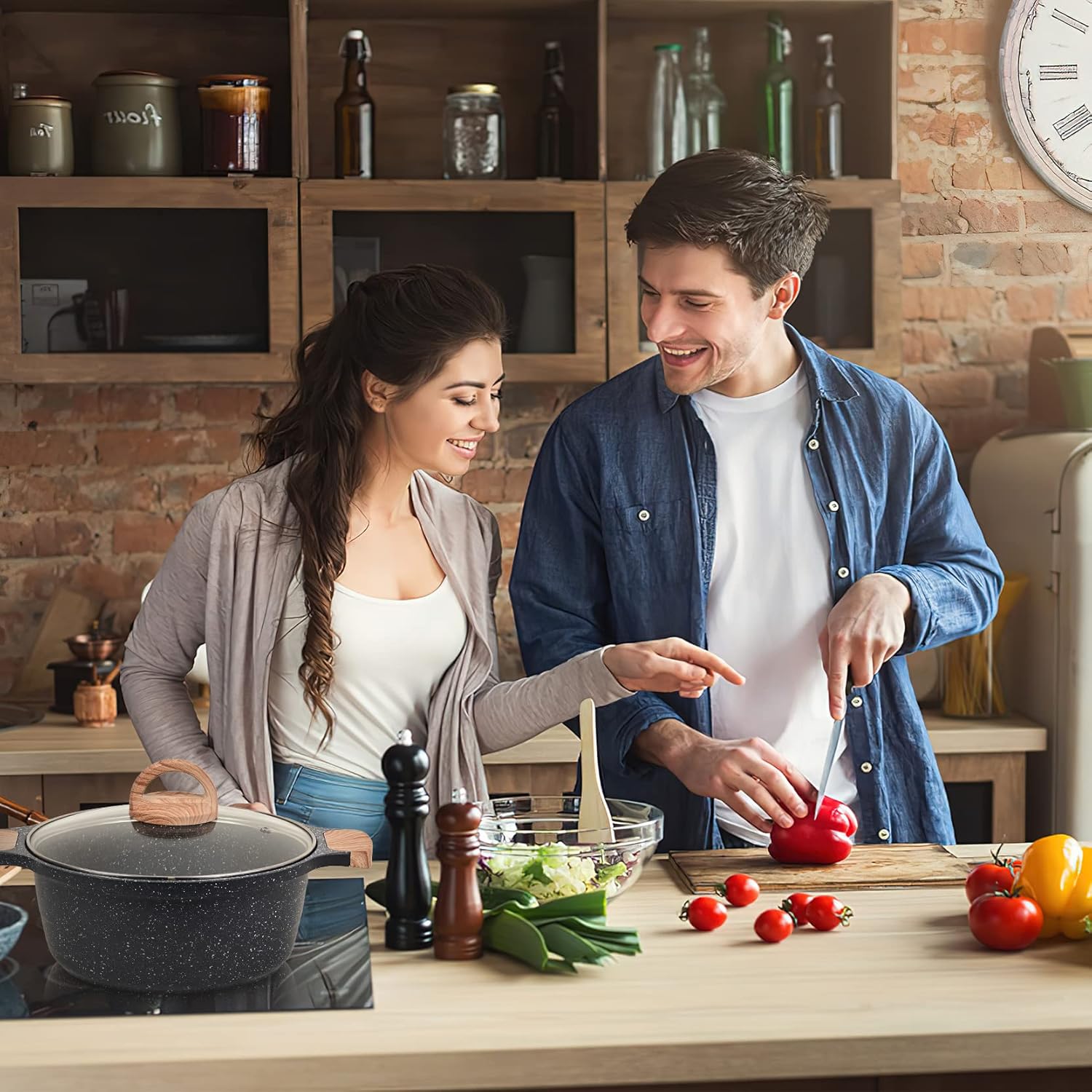 JEETEE Familie Topfsets Pfannenset 23-Teilig, Antihaft-Granit Topf und Pfannenset, Topfset Induktion, Perfekt für ein neues Geschenk zu Hause, Für alle Herdtypen Geeignet, Grau