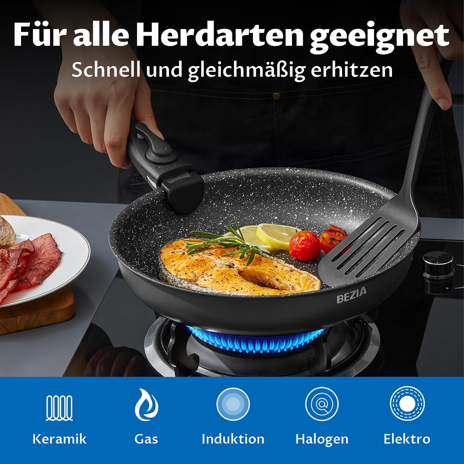 BEZIA Induktions Pfannen Set mit abnehmbaren Griffen, antihaftbeschichtetes Pfannenset, Für alle Herdarten, stapelbares Design, spülmaschinen-/ofenfest, PFAS-frei