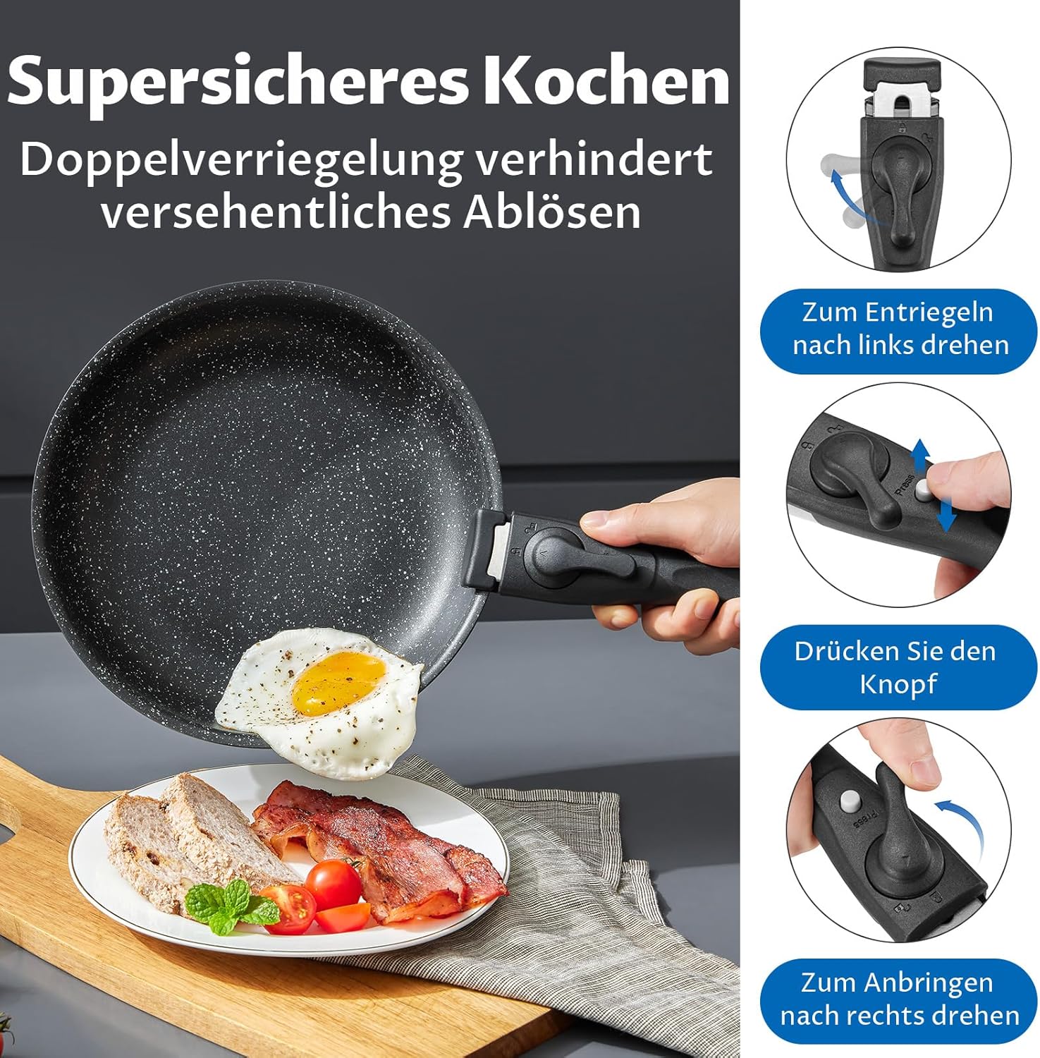 BEZIA Induktions Pfannen Set mit abnehmbaren Griffen, antihaftbeschichtetes Pfannenset, Für alle Herdarten, stapelbares Design, spülmaschinen-/ofenfest, PFAS-frei
