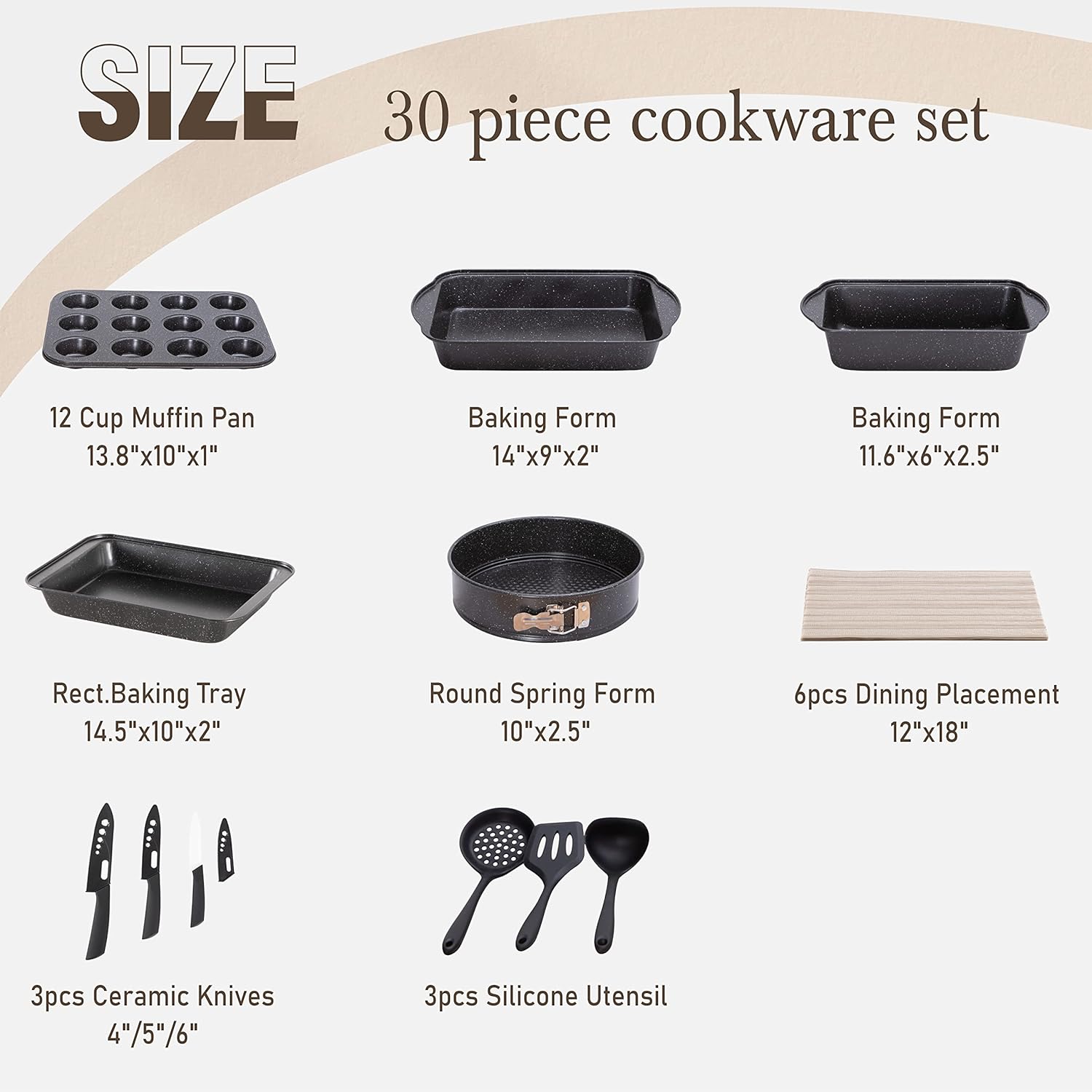 Küche Induktion Kochgeschirr & Backgeschirr Set - 30-teiliges schwarzes Granit-Kochpfannen-Set, antihaftbeschichtete Töpfe und Pfannen Set