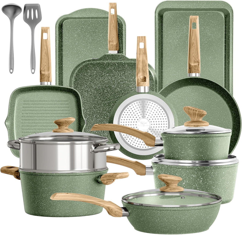 Kitchen Academy Topfset 17-teiliges Induktions-Kochgeschirr-Set mit Glasdeckeln und Granitbeschichtung inkl. Pfannen und Töpfe (grün 17 tlg)