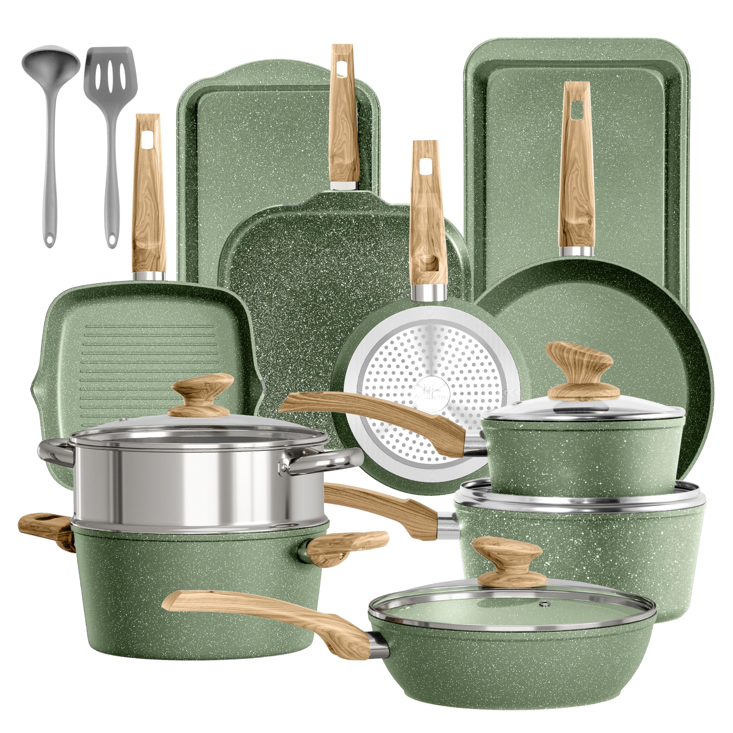 Kitchen Academy Topfset 17-teiliges Induktions-Kochgeschirr-Set mit Glasdeckeln und Granitbeschichtung inkl. Pfannen und Töpfe (grün 17 tlg)