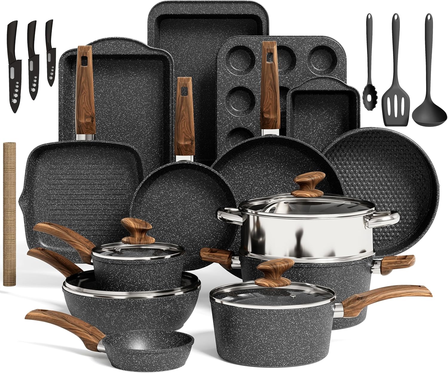 Küche Induktion Kochgeschirr & Backgeschirr Set - 30-teiliges schwarzes Granit-Kochpfannen-Set, antihaftbeschichtete Töpfe und Pfannen Set