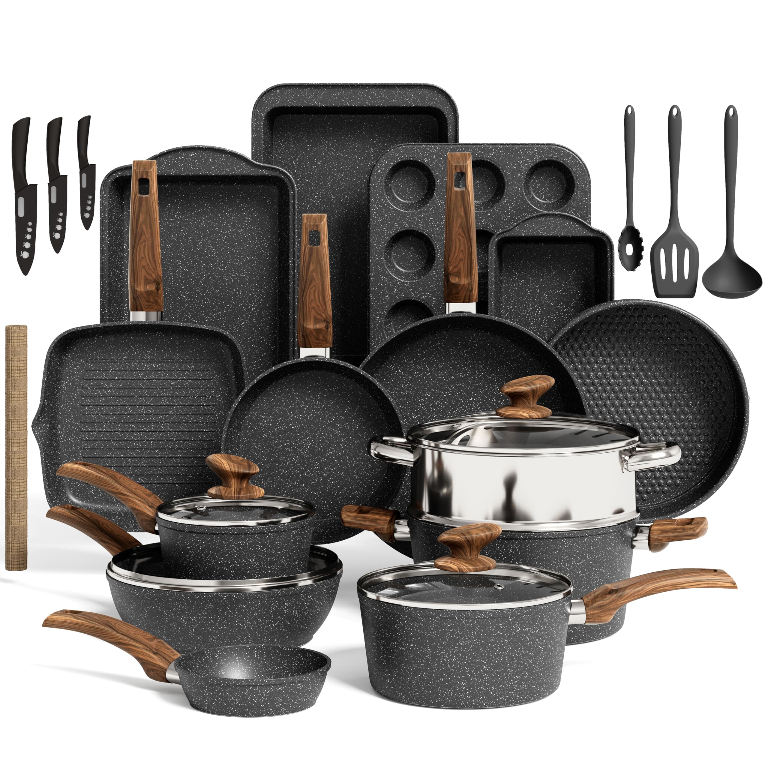 Küche Induktion Kochgeschirr & Backgeschirr Set - 30-teiliges schwarzes Granit-Kochpfannen-Set, antihaftbeschichtete Töpfe und Pfannen Set